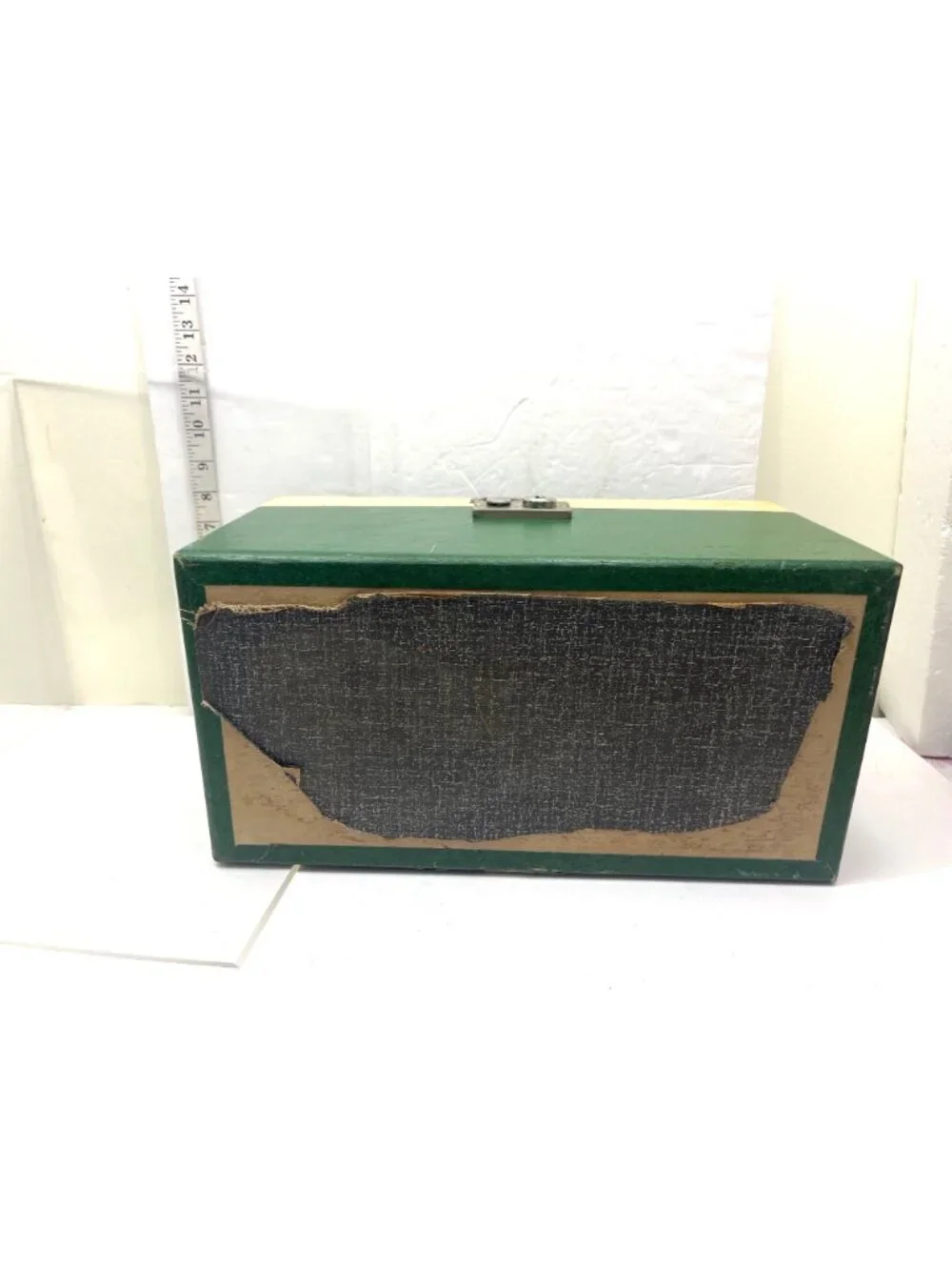 Vintage Green/Cream Storage Box W/Red Interior Handle & Locking Clasp 15